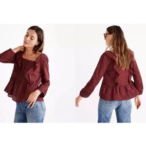 Madewell Sz XS Eyelet Peasant Top 100% Cotton Square Neck Style Maroon